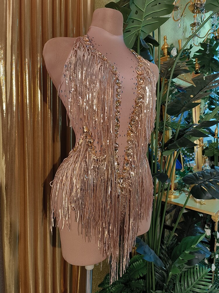 Sparkly Rhinestones sequin Fringes Leotard Sexy Tassel Bodysuit women gold Latin Dance Costume Stage Dancer DS Performance Show