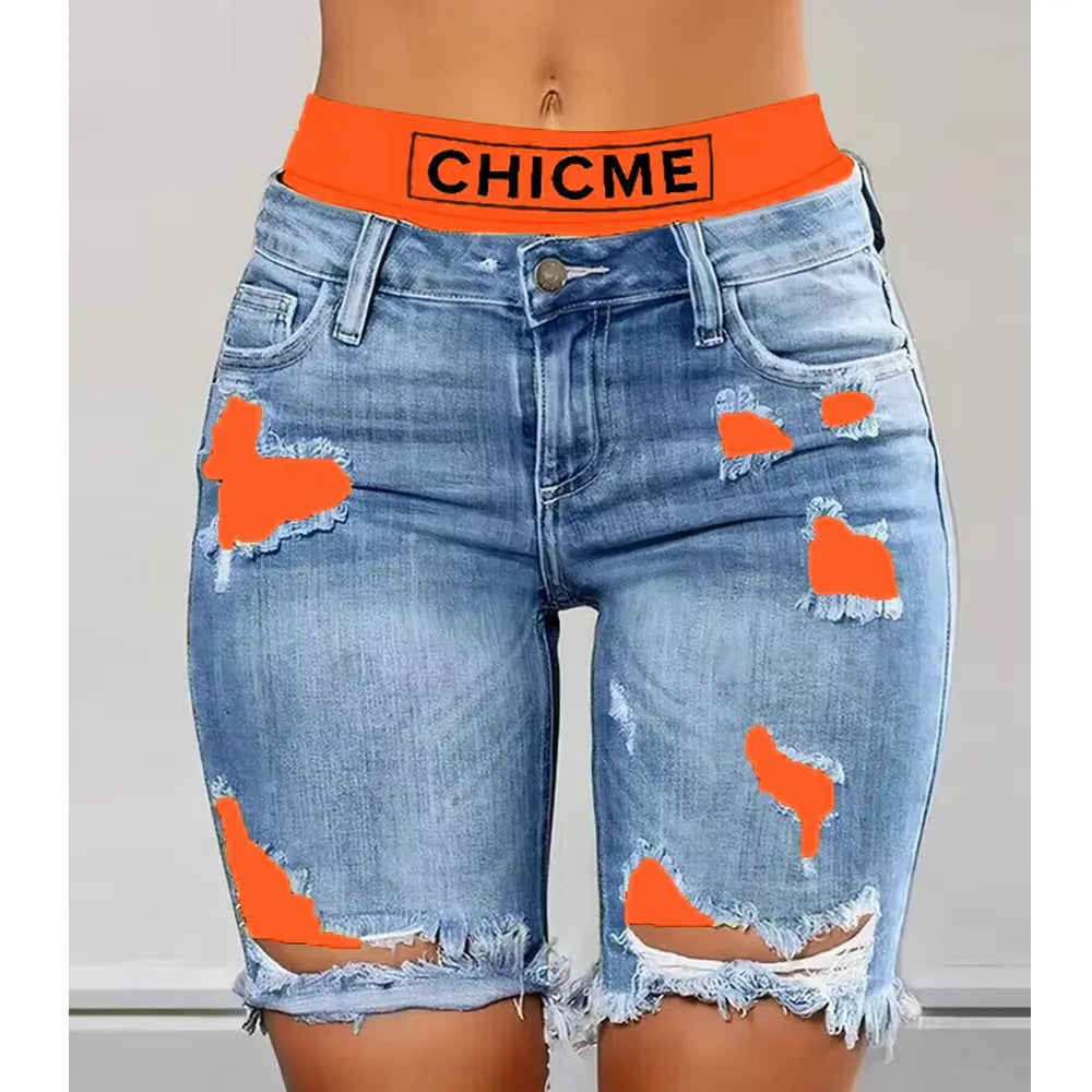 Y2K Summer Sexy Ripped Jeans Colorblock Letter Print Short Jeans Ripped Fake 2 Piece Denim Shorts Women Ripped Denim Shorts