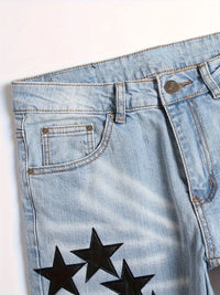 Men Straight Jean Denim Pants Jeans Loose Ankle Length Pant Pockets Casual Washed High Street Distressed Zipper Fly Spliced