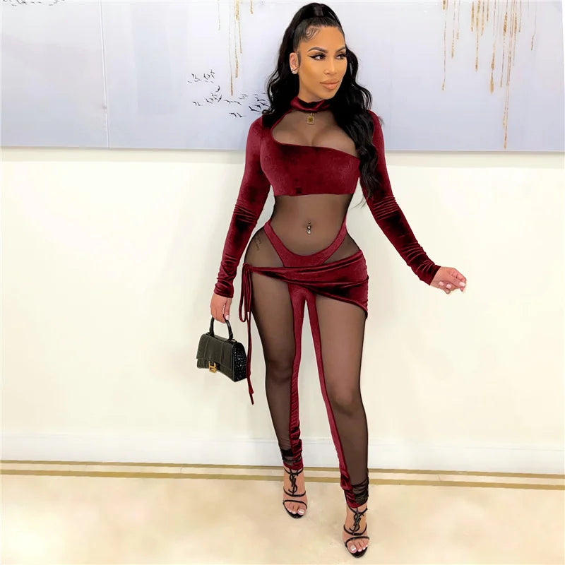 Sexy See-through Mesh Patchwork Velvet Jumpsuit Women Clubwear Long Sleeve Rompers Womens Jumpsuit Bodycon Overalls for Women