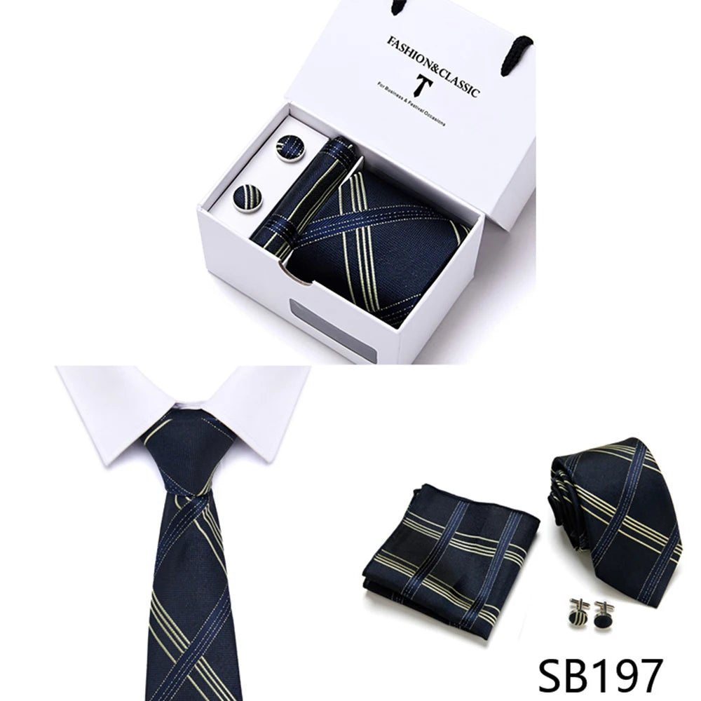 High Quality 7.5 cm Stripe Blue Tie Pocket Square Cufflinks Set For Men Gift Box Wedding Gravatas Fit Workplace