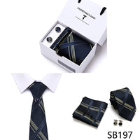 High Quality 7.5 cm Stripe Blue Tie Pocket Square Cufflinks Set For Men Gift Box Wedding Gravatas Fit Workplace