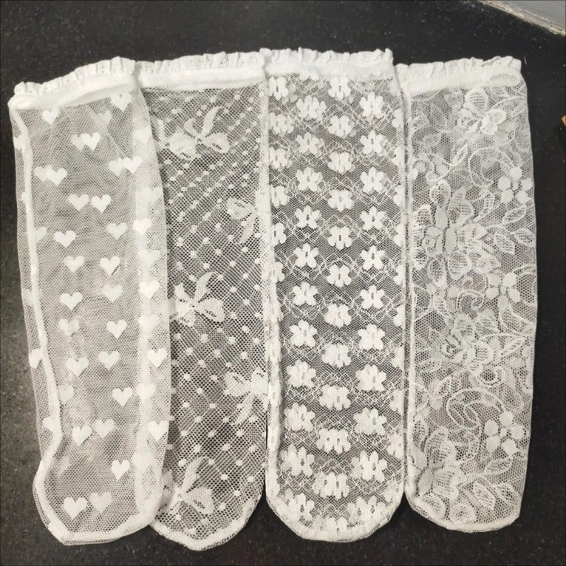 Lolita Skirt Base Socks White Lace Thin Ruffle Long Knee-high Sock for Kids Baby Princess Style Heart Bow Pattern Mesh Stockings