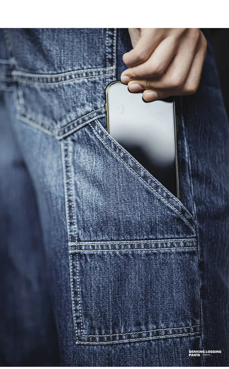 Maden Retro Blue Logging Mens Jeans with Washed Denim Loose Fit Cotton And Non-Elastic Waist Daily Wear Casual Pants