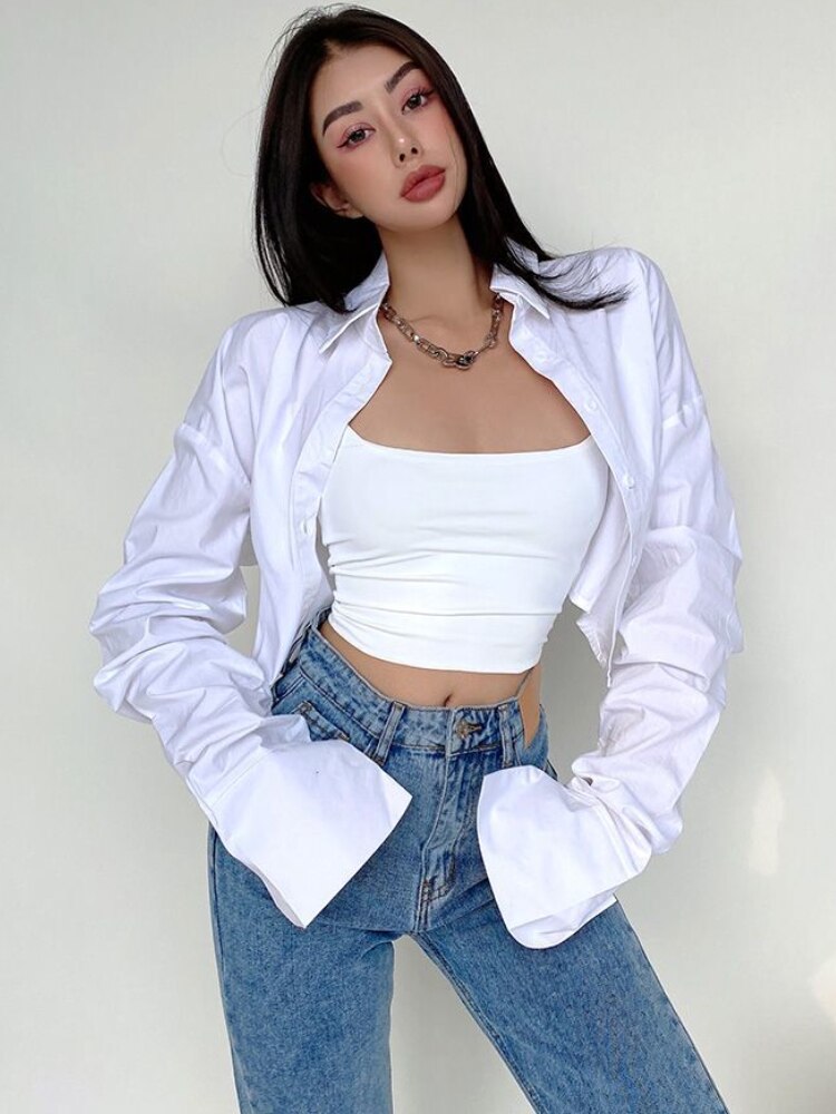 Irregular Shirts Women Sexy Crop Tops Streetwear Ins Spring Slim European Style Fashion Long Sleeve Y2k Females Minimalist Mujer