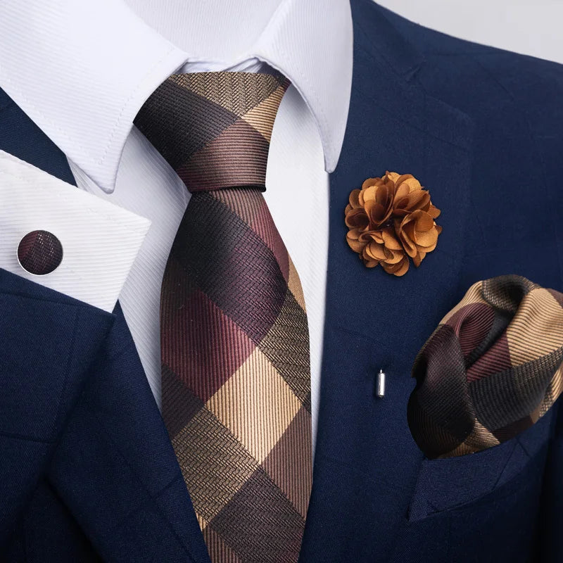 Hot Sale Luxury 8 cm Blue Floral Ties Pocket Square Cufflinks Brooch Set For Man Suit Accessories Holiday Gift Fit Formal Party