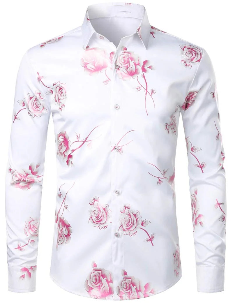 Mens Gold Rose Floral Print Shirts Brand Floral Steampunk Chemise White Long Sleeve Wedding Party Bronzing Camisa Masculina New