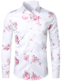 Mens Gold Rose Floral Print Shirts Brand Floral Steampunk Chemise White Long Sleeve Wedding Party Bronzing Camisa Masculina New