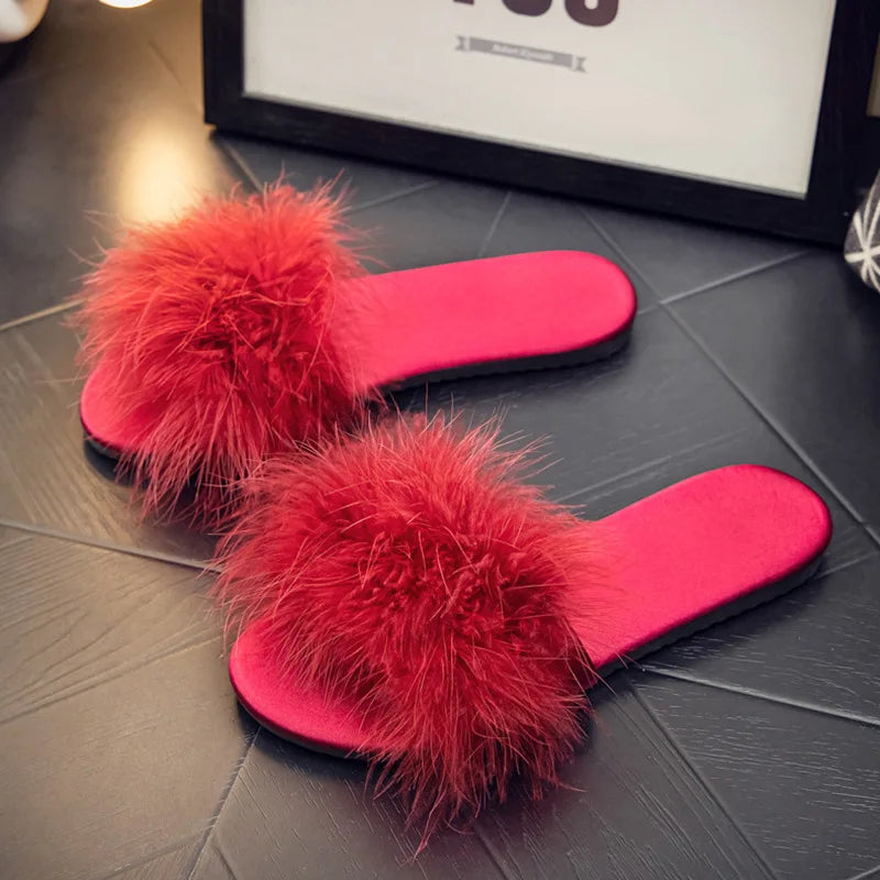 Summer Slippers New Fashion Versatile Women Shoes Comfort High-end Sexy Women Sandals Simple Retro Feather Flat Slippers Тапочки