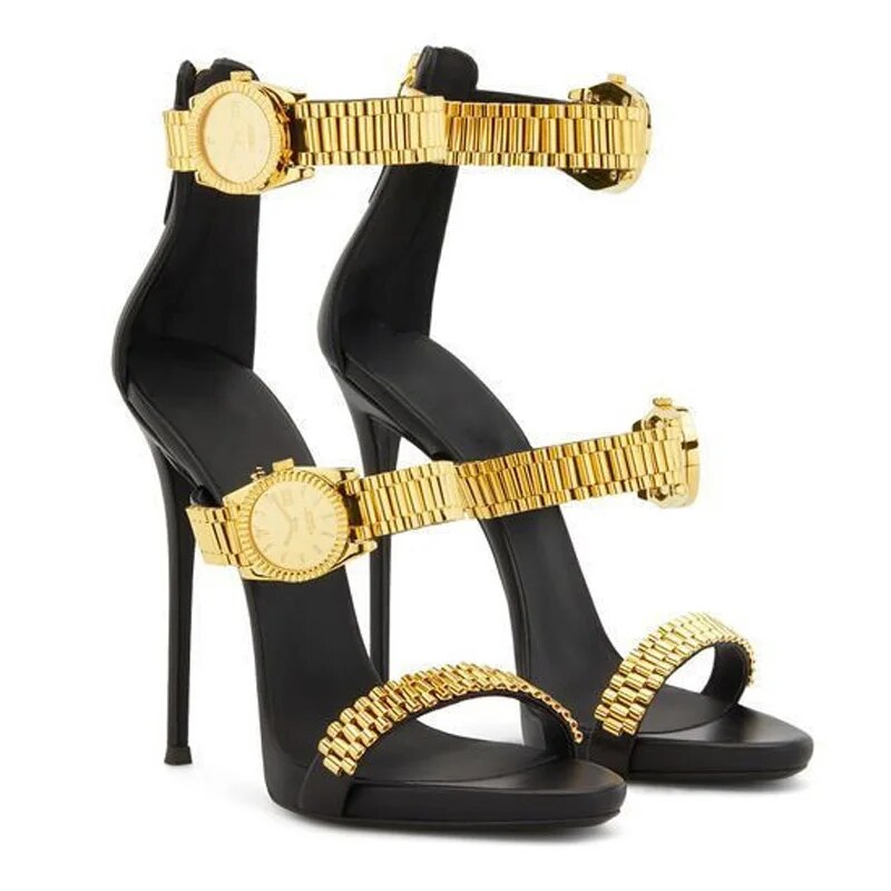 Black Golden Watch Embelished High Heel Sandals Gladiator Open Toe Wom Mega Mart Center Black Golden Watch Embelished High Heel Sandals Gladiator Open Toe Wom Mega Mart Center