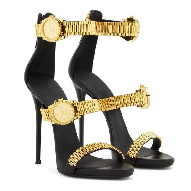 Black Golden Watch Embelished High Heel Sandals Gladiator Open Toe Woman Ankle Strap Thin High Summer Party Dress Shoes