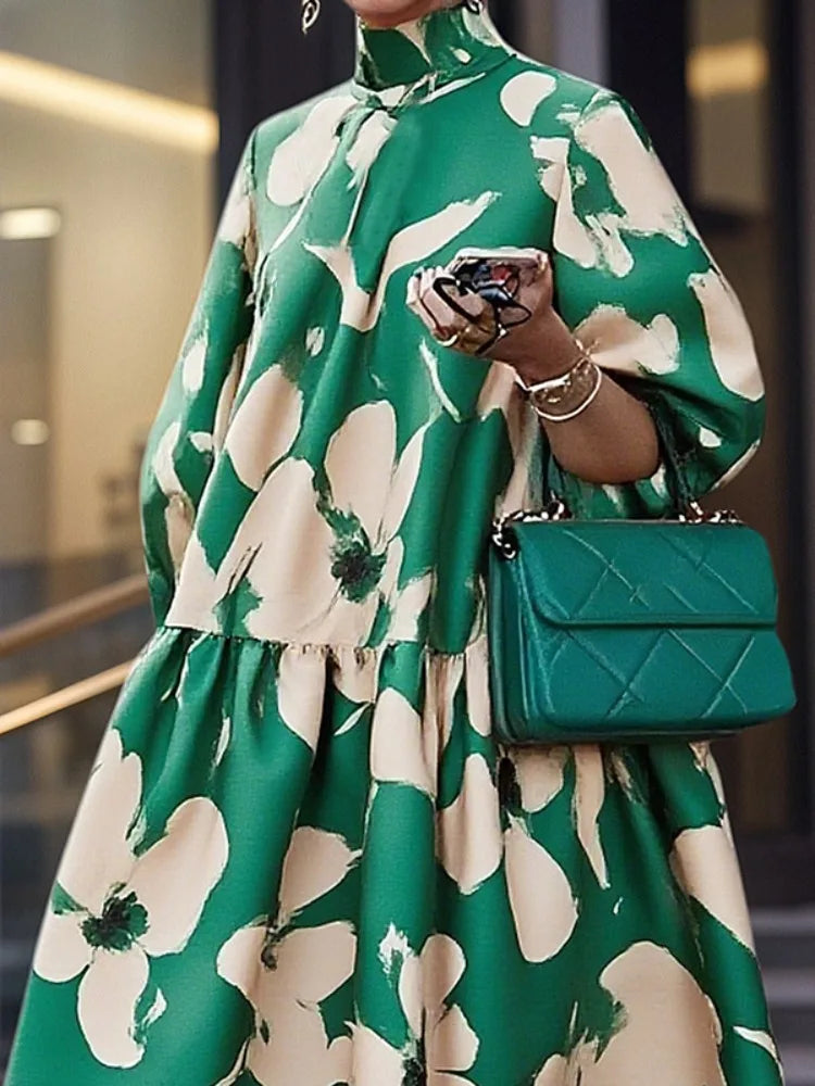 Yeezzi Women's Floral Printed High Neck Party Evening Midi Dresses Half Puff Sleeves Loose Elegant Wedding Banquet Pleated Dress