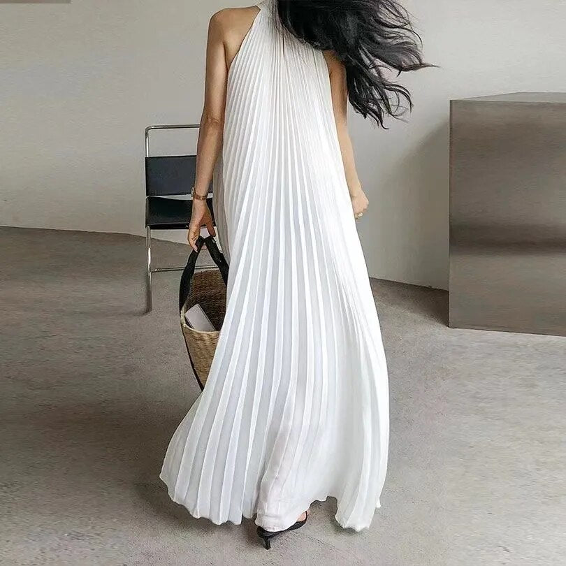 Women Summer 2023 White Beach Dress Sexy Pleated Dress Casual A-line Sundress O Neck Strap Sleeveless Party Long Robes