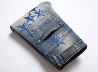 Men’s slimming denim pants light luxury stars embroidery jeans trendy ripped casual jeans street fashion jeans pants men;