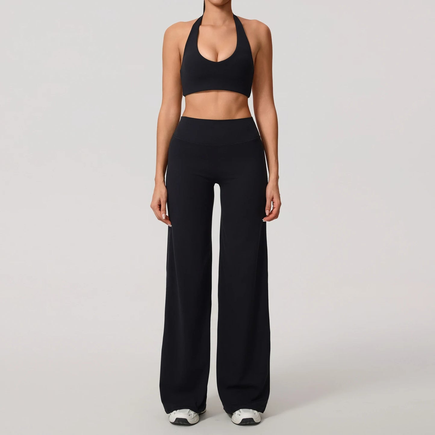Hearuisavy Summer Yoga Set 2Pcs Women Breathable Backless Halter-Neck Sports Bra Push Up Pilates Fitness Top Straight Leg Pants