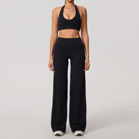 Hearuisavy Summer Yoga Set 2Pcs Women Breathable Backless Halter-Neck Sports Bra Push Up Pilates Fitness Top Straight Leg Pants
