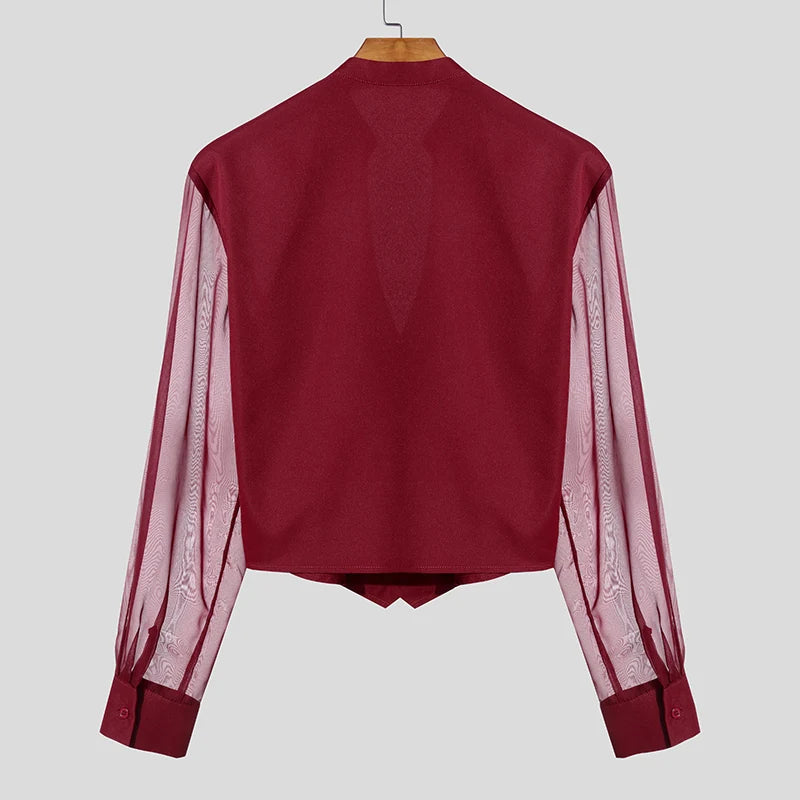 INCERUN Men Shirt Mesh Patchwork V Neck Long Sleeve Transparent Sexy Casual Male Shirts Streetwear Fashion Party Camisas 2025