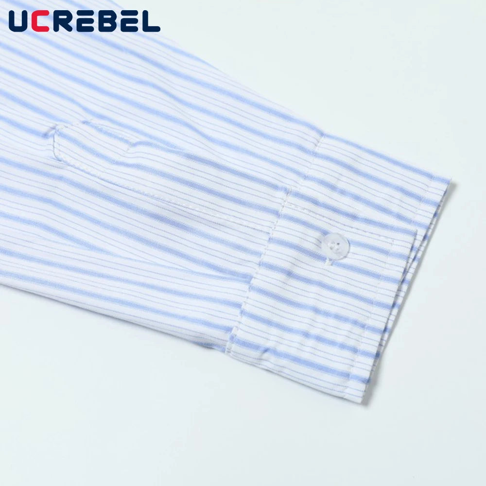 Button Decoration Striped Long Sleeve Shirts Mens High Street Autumn Single Breasted Lapel Pocket Shirts Men