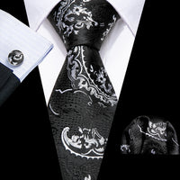 Barry.Wang Black White Gray Silver Men Tie Handkerchief Cufflinks Set Jacquard Necktie for Male Wedding Business Party Gift