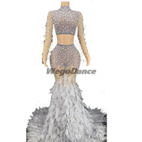 New Sexy Fashion Rhinestone Pearl Top And Feather Dress Set Birthday Model Show Costume