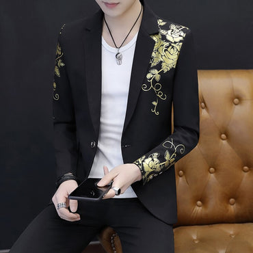 2022 New Men's Fashion Gold Print Groom Wedding Dress Suits Jackets Male Casual Blazer