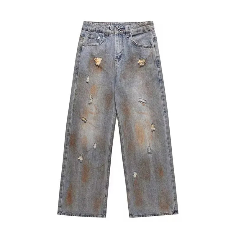 Japanese Straight Leg Jeans For Men Loose Wide Leg Pants Fashion Casual Ripped Jeans Vintage Y2k Jeans