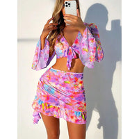 New Arrival Sexy Print Four Piece Bikini Set High Waist With Beach Skirt Long Sleeve Crop Top Swimwear Bikini Bathing Suit