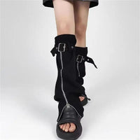 Women Jeans Black Leg Warmers with Buckled Straps Punk Denims Flared Boot Cover Slit Zippers Baggy Long Socks Streetwear