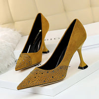 Flock High Heels Shoes Women Rhinestone Design Pointed Toe Pumps Ladies Shoes New Arrival