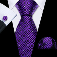 Barry.Wang Plaid Silk Men Tie Hanky Cufflinks Set Checked Jacquard Necktie for Male Formal Casual Wedding Business Party Events