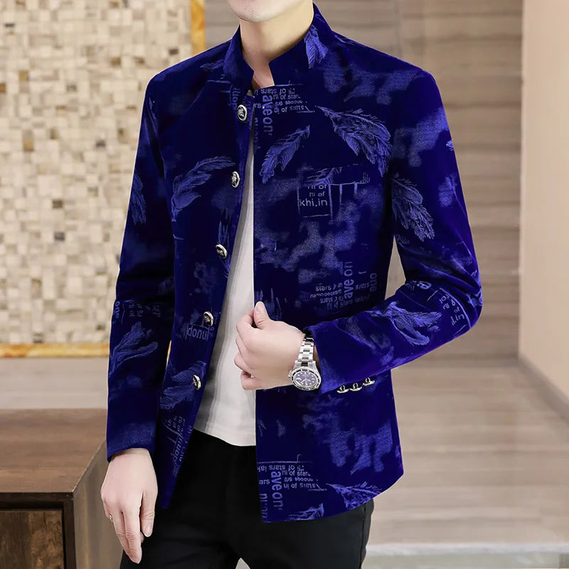 Luxury Retro Velvet Suit Jacket for Men Fashion Slim Fit Stand Collar Blazer Masculino Casual Business Wedding Dress Coat 2023