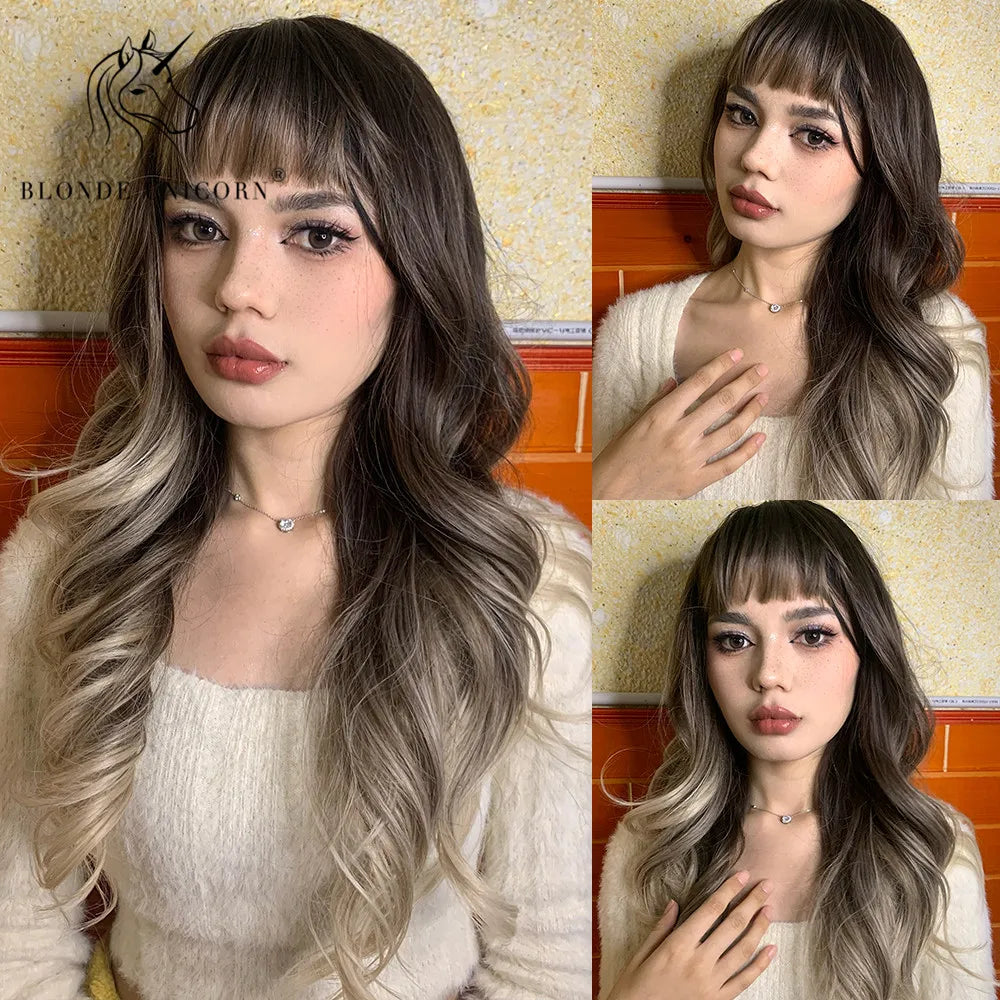 Blonde Unicorn Synthetic Long Wavy Wig Ombre Purple to Blue for Woman Cosplay Halloween Wigs Heat Resistant Fiber Bangs Hair