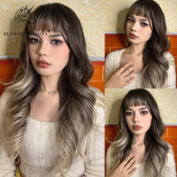 Blonde Unicorn Synthetic Long Wavy Wig Ombre Purple to Blue for Woman Cosplay Halloween Wigs Heat Resistant Fiber Bangs Hair