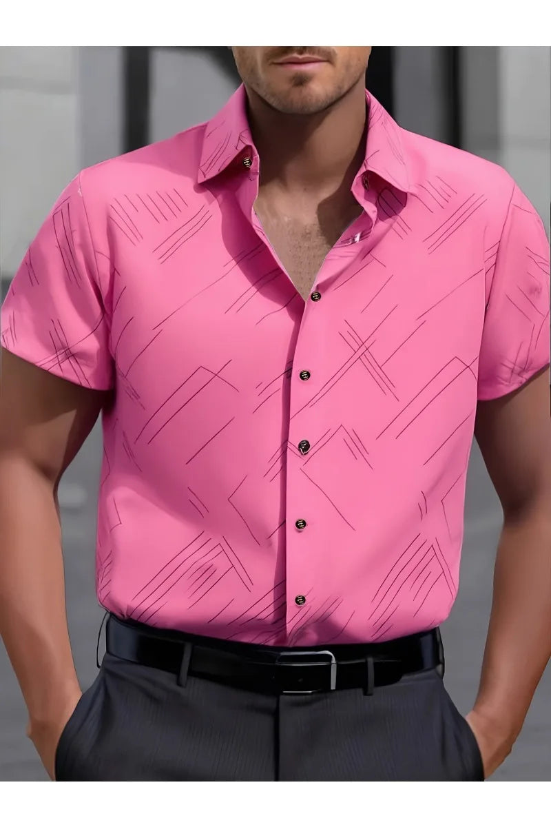 Men's Geometric Print Business Casual Short Sleeve Button-Up Shirt - White with Black Geometric Pattern Polyester 100%
