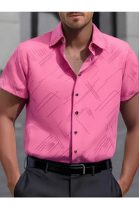 Men's Geometric Print Business Casual Short Sleeve Button-Up Shirt - White with Black Geometric Pattern Polyester 100%