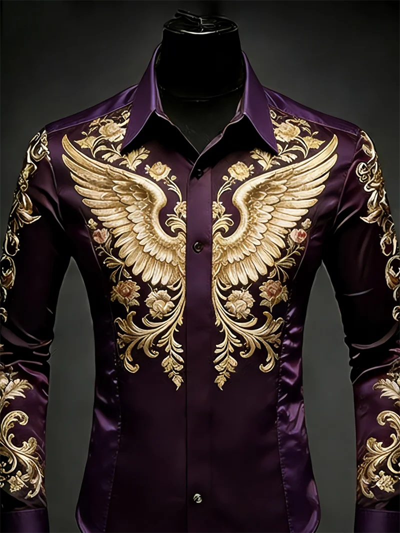 New 10 color men's long sleeved lapel shirt with fashionable 3D floral print and wing pattern long sleeved shirt