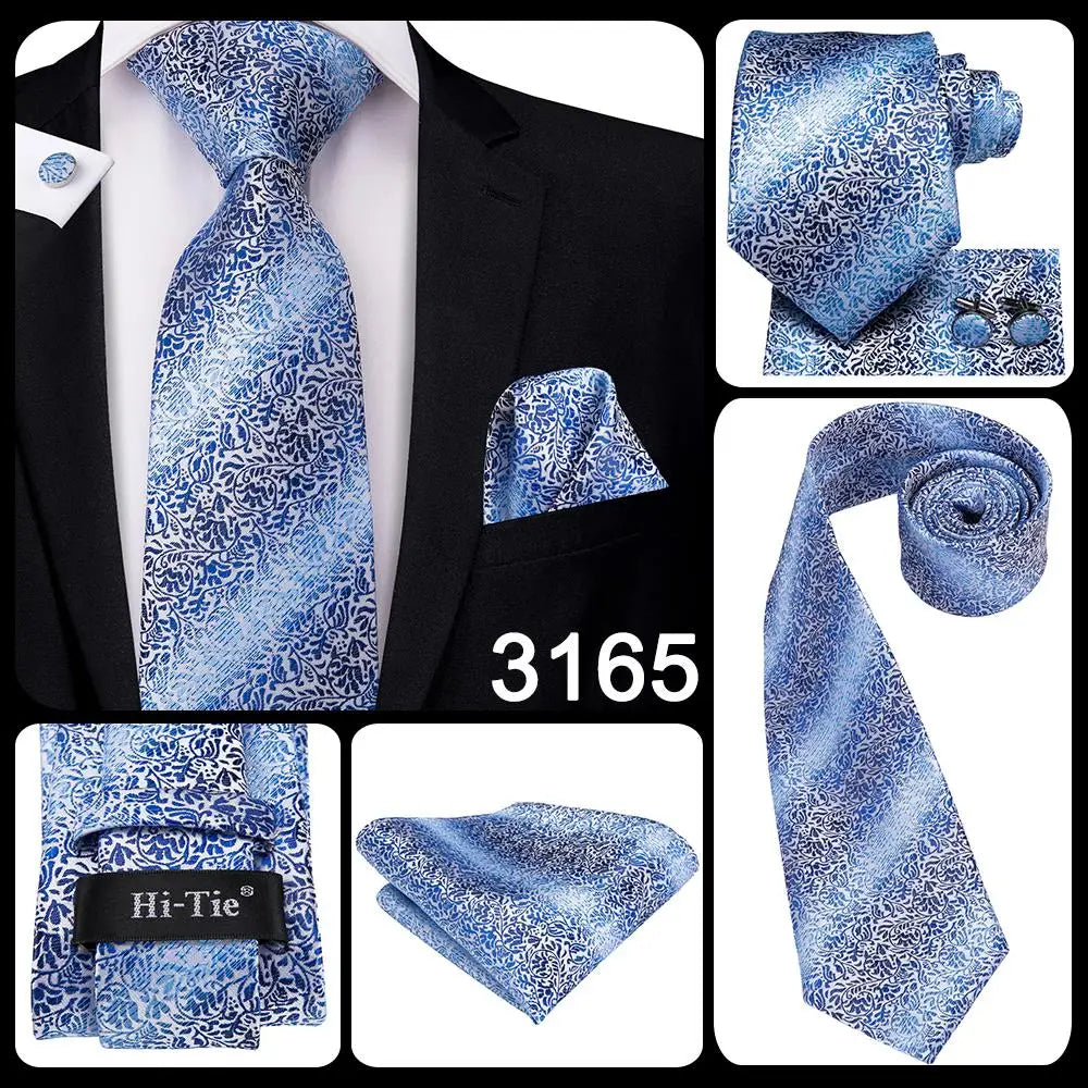 Hi-Tie Peacock Blue Novelty Design Silk Wedding Tie For Men Hanky Cufflinks Gift Mens Necktie Set Business Party Dropshipping