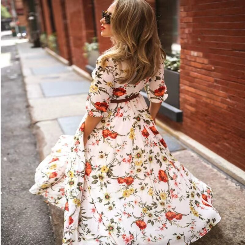 High Quality 2022 Autumn Fashion Women's Cloth Crow's Feet Floor Length Dress Lady's Flower Skirt Urban Casual Slimming Dresses