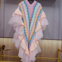 3D Flowers Embroidered Rainbow Knitted Shawl Mesh Spliced Ruffles Sweater Coat Irregular Gauze Ruched Scarf Cape Cardigan Poncho