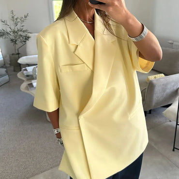 Ladies Loose Blazer Suit Solid Casual Turn Down Collar One Button Coat High Waist Shorts 2025 Summer Autumn Formal New Outfits