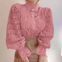 Shirt Women Blusas Mujer De Moda Office Lady Flower Blouse Spring Hollow Out Lace  Stand Collar Button Female Clothing 12419