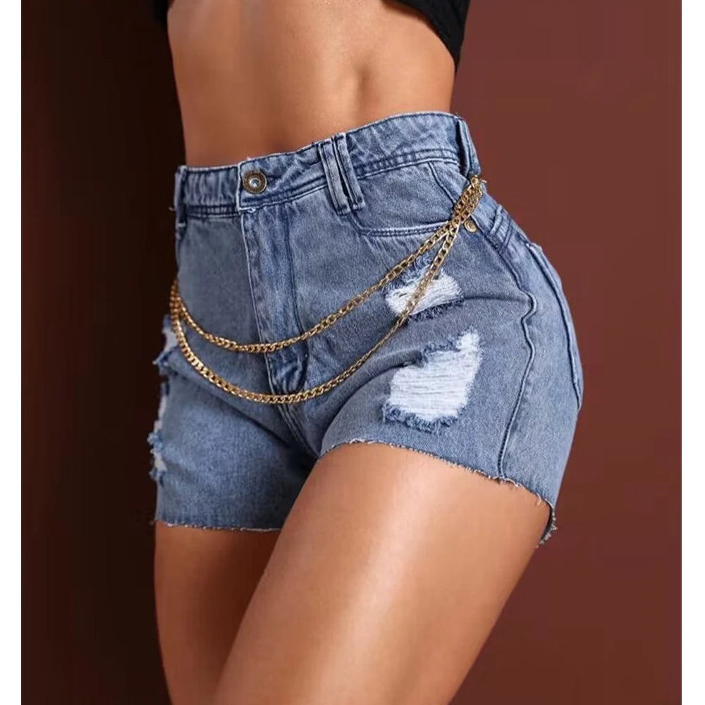 Wepbel Jeans Pants Women Chain Decor Ripped Chain Stitching Ripped Skinny Denim Shorts Summer Short High Waist Denim Shorts