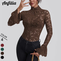 Anfilia Women Lace Shirts Turtle Neck Elegant Flare Long Sleeves Hollow Out Slim-fit Crochet Sexy Blouse