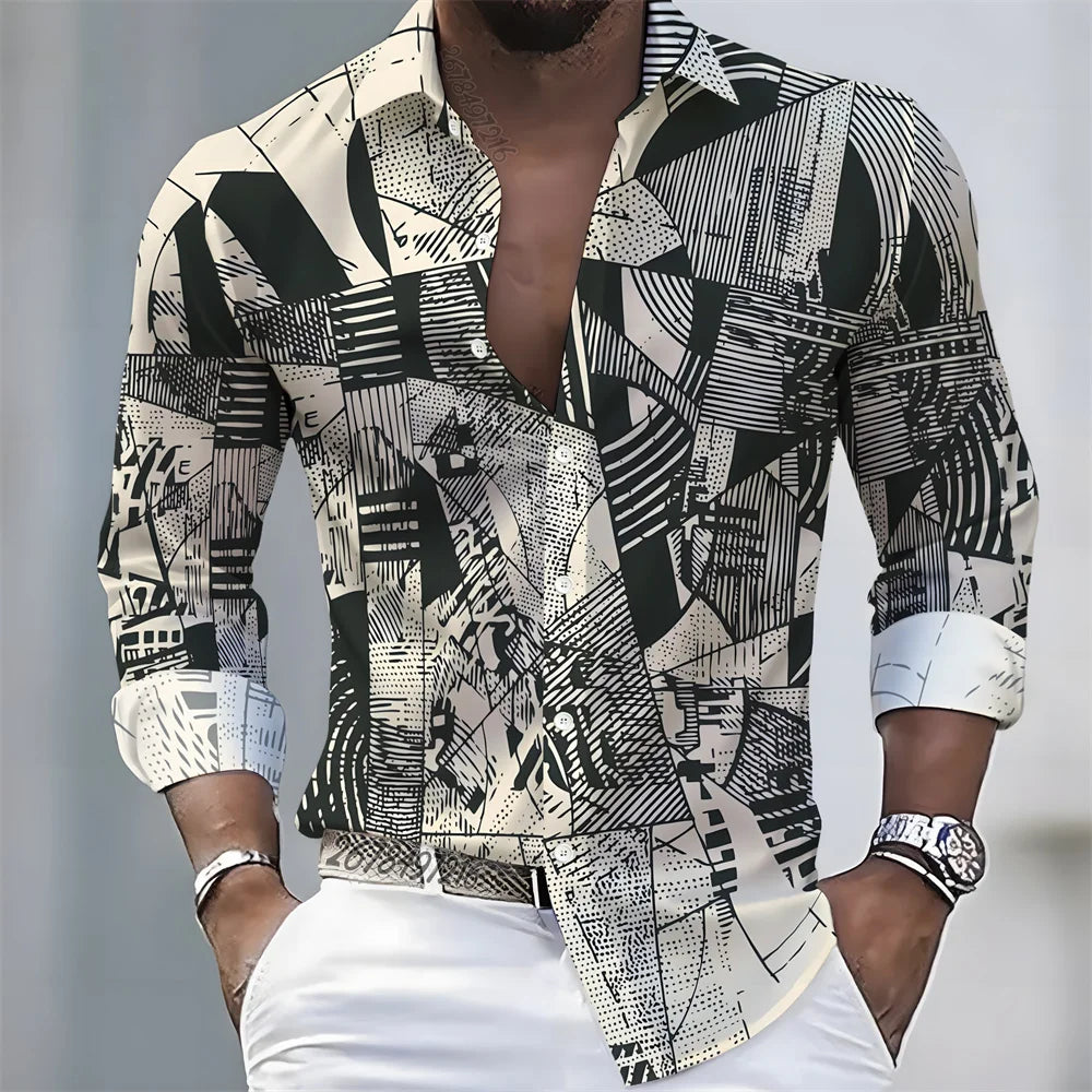 European and American style color-blocked geometric abstract print men's long-sleeved shirt, versatile top for spring and autumn