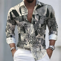 European and American style color-blocked geometric abstract print men's long-sleeved shirt, versatile top for spring and autumn