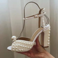 2021 Sexy Pearl Platform Sandals Women Open Toe Rhinestone Diamond Square High Heels Shoes