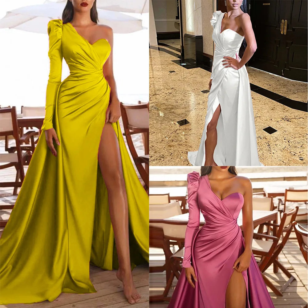 Simple Rose Pink Mermaid Side Split Prom Dresses African Saudi Arabia Train One Shoulder Long Sleeves Evening Gown Satin Pleated