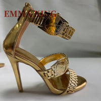Gold Watch Studded Sandals Open Toe High Heel Ankle Strap Sandals Back Zipper Metal Chain Gladiator Sandals Summer Party Shoes