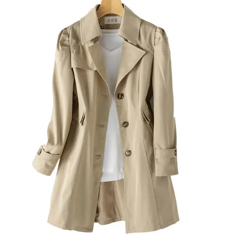 Trench Women Mid Length Coats Turn Down Collar Full Sleeve Coat Slim Fit Single Breasted Jackets Elegant Splice Autumn 2024