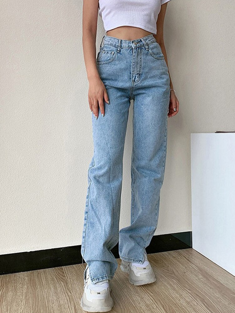 Women's High Waist Pants Straight Leg Jeans 2022 Women Casual Loose Pants Split Washed Fashion Package Hips Trousers Blue Jeans